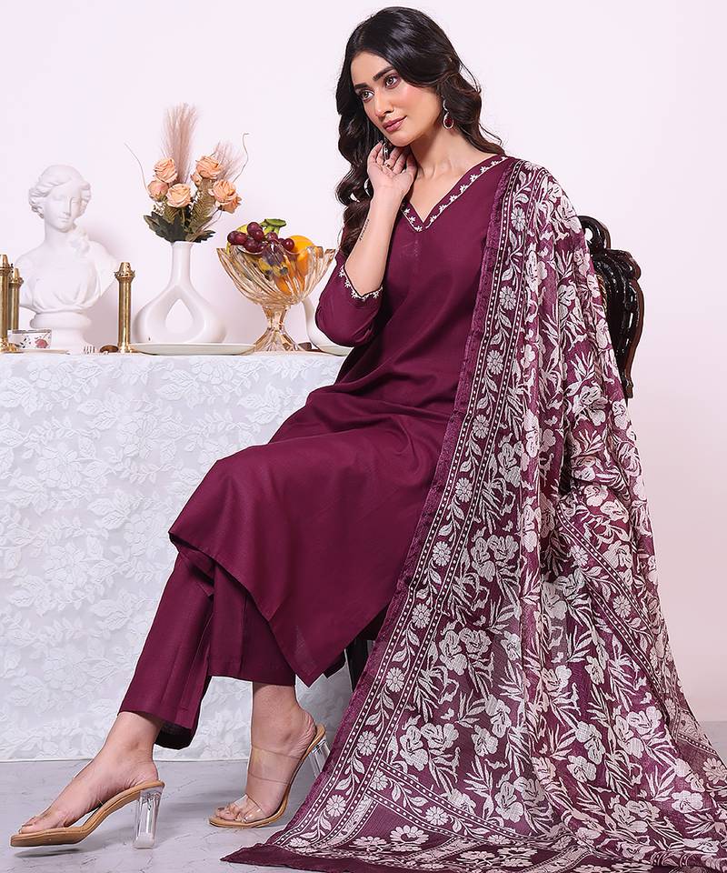 Wine color poly silk fabric smart ethnic partywear kurta set