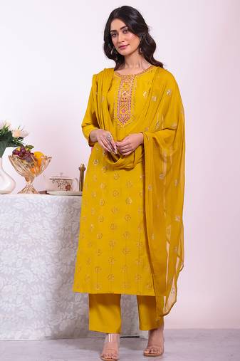 Mustard color poly silk fabric smart ethnic partywear kurta set