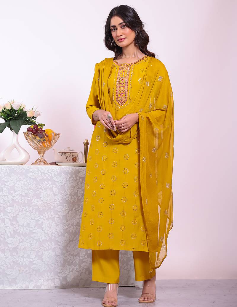 Mustard color poly silk fabric smart ethnic partywear kurta set