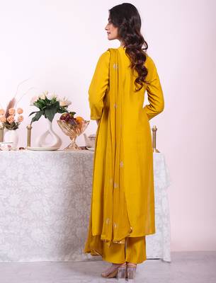 Mustard color poly silk smart partywear kurta set 2