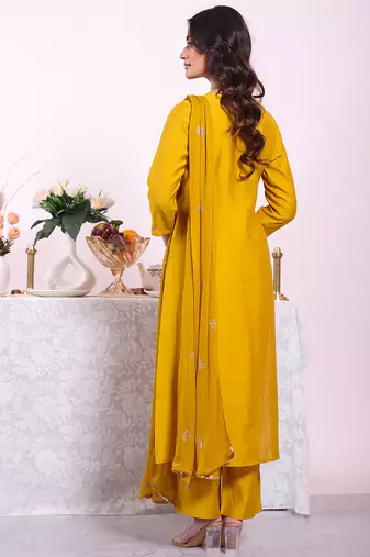 Mustard color poly silk smart partywear kurta set