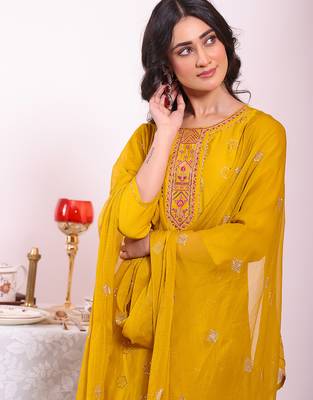 Mustard color poly silk smart partywear kurta set 3