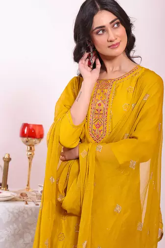 Mustard color poly silk smart partywear kurta set