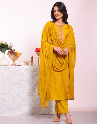 Mustard color poly silk smart partywear kurta set 4