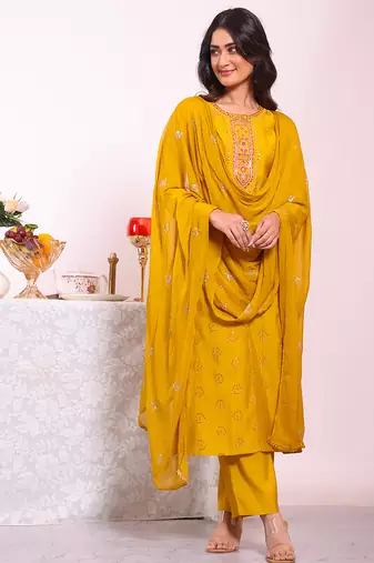 Mustard color poly silk smart partywear kurta set