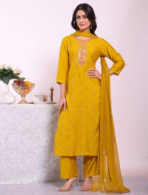 Mustard color poly silk smart partywear kurta set 5