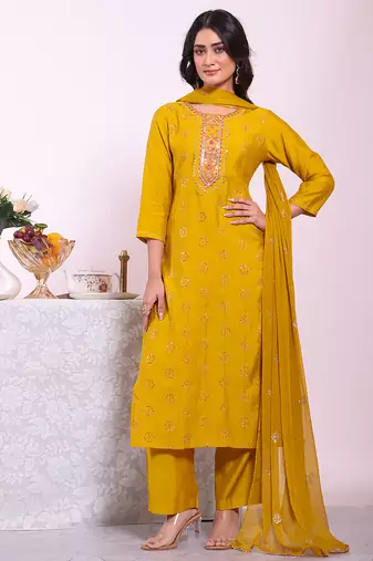 Mustard color poly silk smart partywear kurta set
