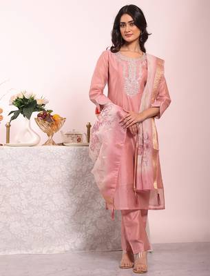 Pink color poly silk smart partywear kurta set 1