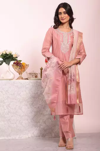 Pink color poly silk fabric smart ethnic partywear kurta set