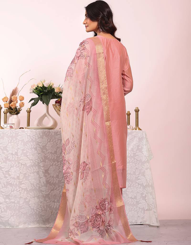 Pink color poly silk fabric smart ethnic partywear kurta set