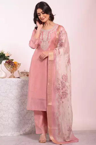 Pink color poly silk smart partywear kurta set