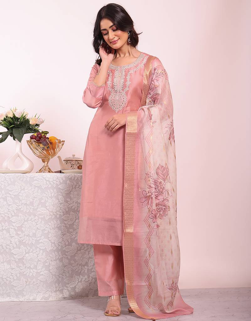 Pink color poly silk fabric smart ethnic partywear kurta set
