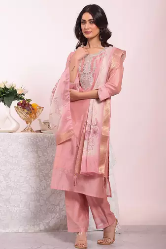Pink color poly silk smart partywear kurta set