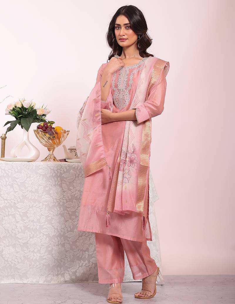 Pink color poly silk fabric smart ethnic partywear kurta set