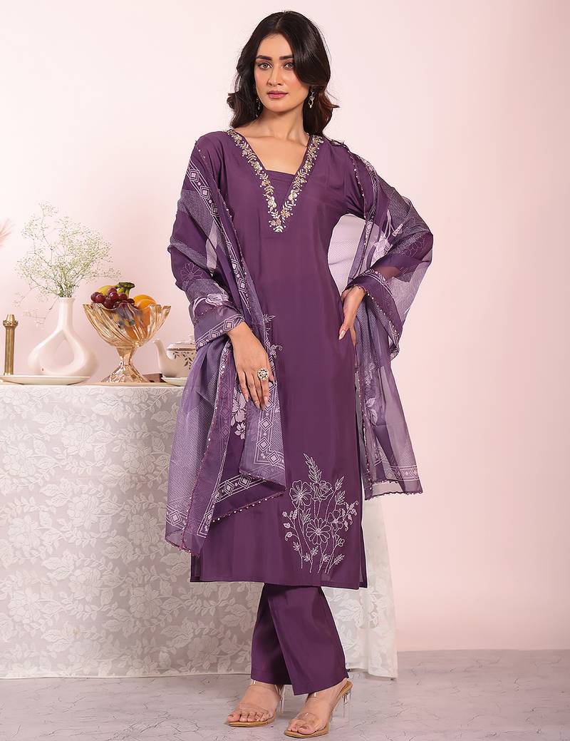 Purple color poly silk fabric smart ethnic partywear kurta set