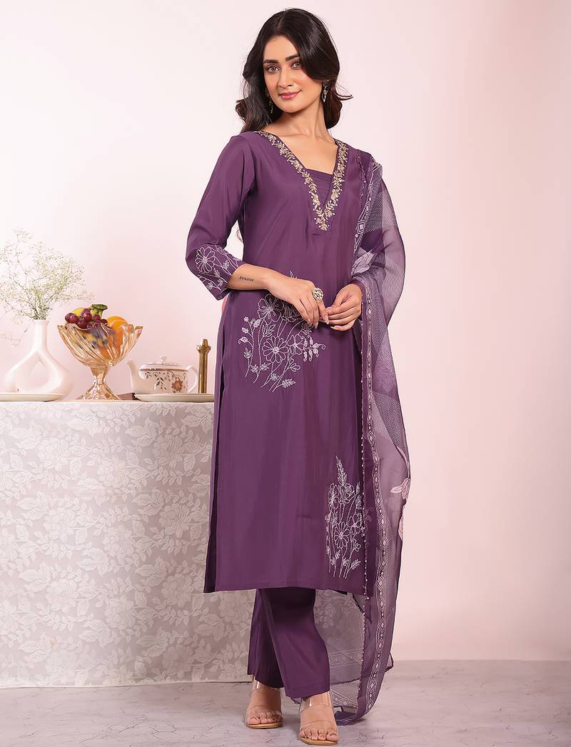Purple color poly silk fabric smart ethnic partywear kurta set