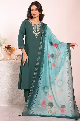 Teal color poly silk fabric smart ethnic partywear kurta set