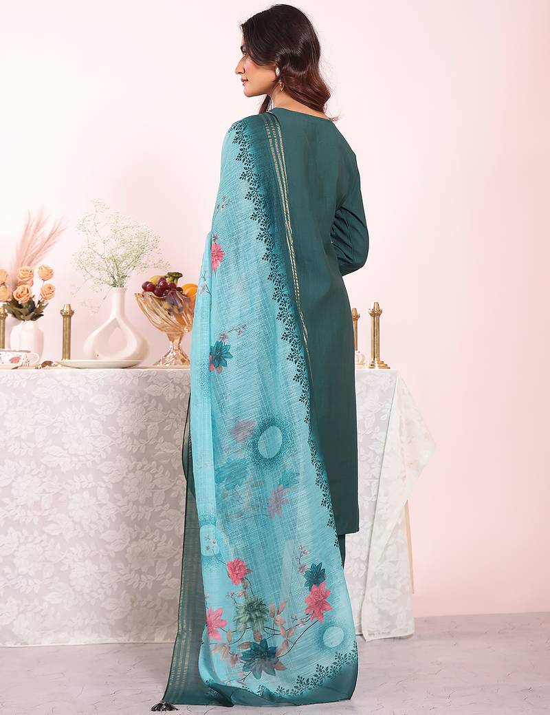 Teal color poly silk fabric smart ethnic partywear kurta set