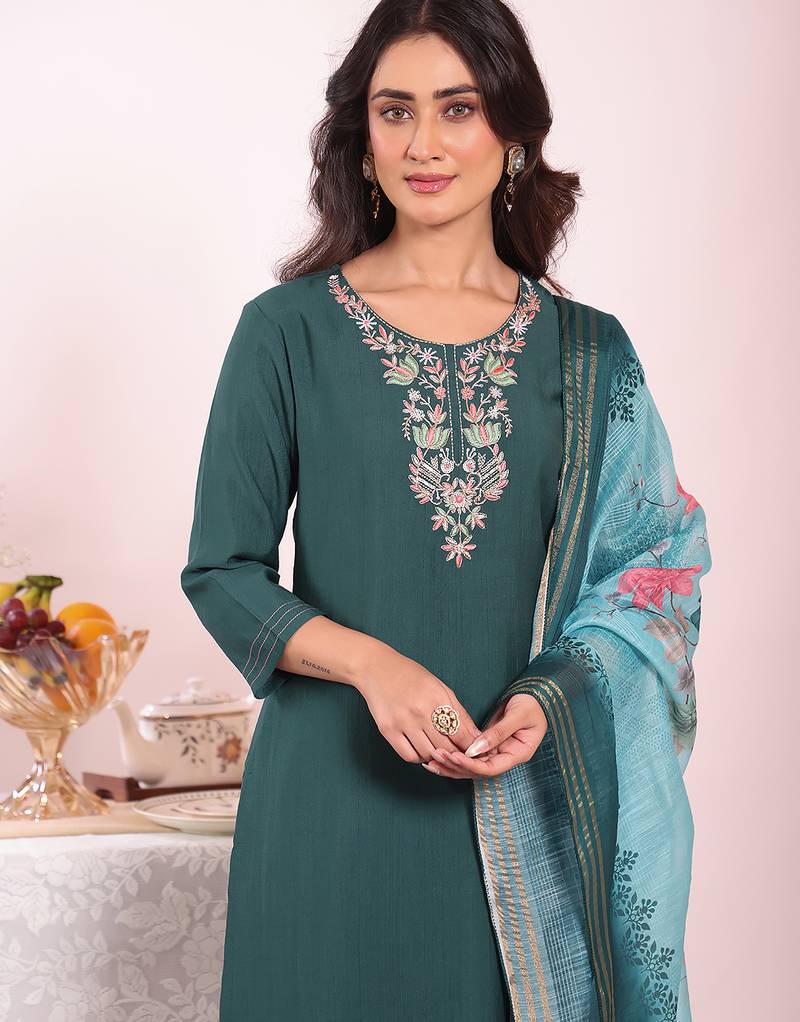 Teal color poly silk fabric smart ethnic partywear kurta set