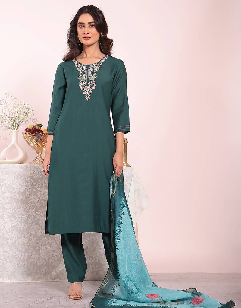 Teal color poly silk fabric smart ethnic partywear kurta set