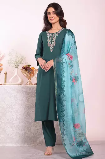 Teal color poly silk smart partywear kurta set