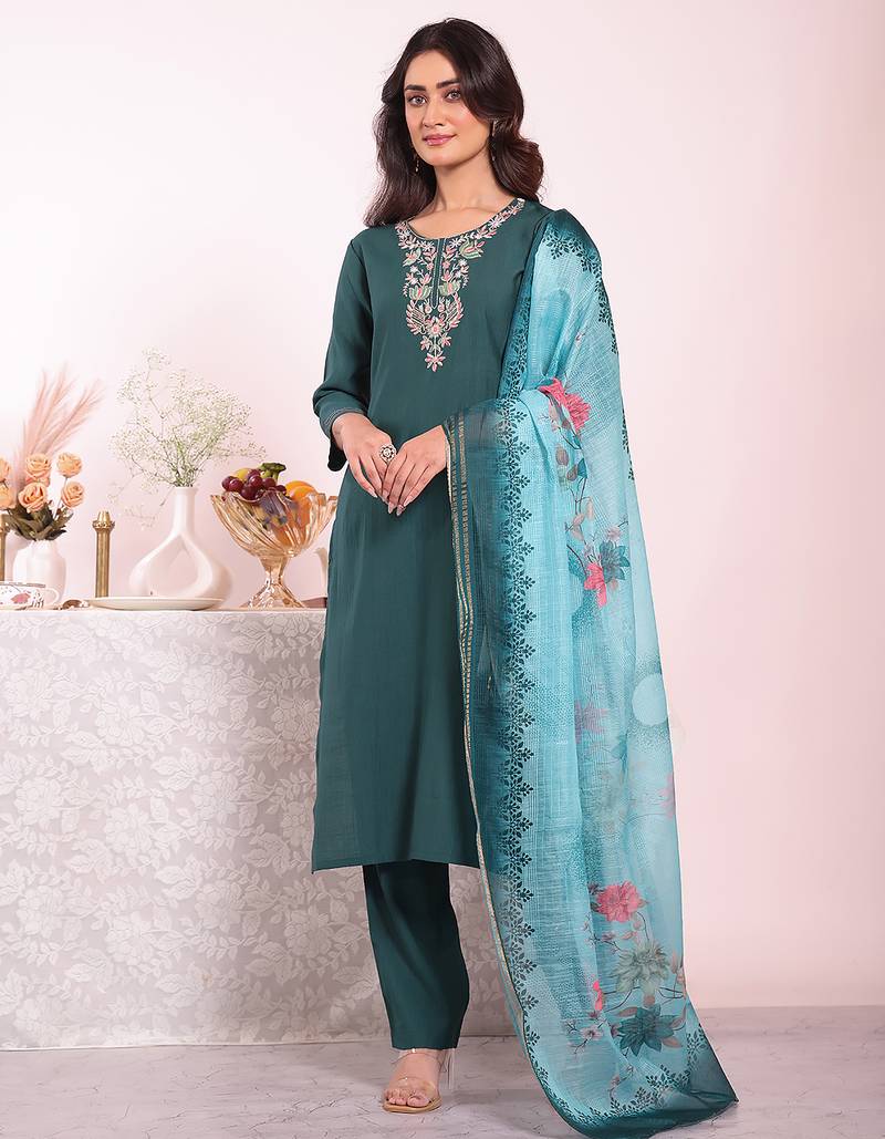 Teal color poly silk fabric smart ethnic partywear kurta set