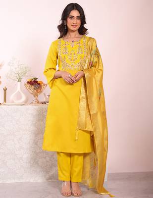 Yellow color poly silk smart partywear kurta set 1
