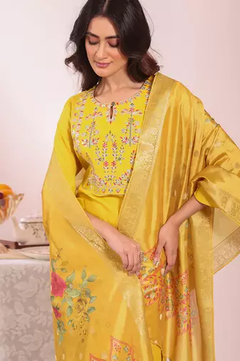 Yellow color poly silk smart partywear kurta set