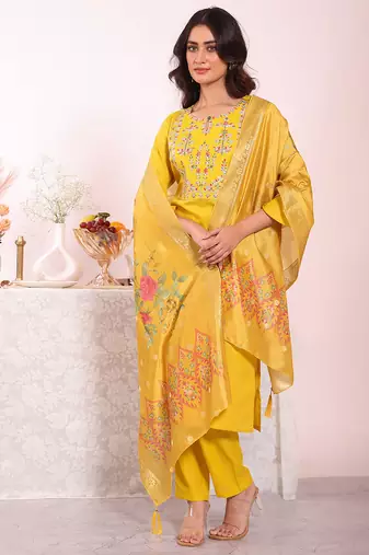 Yellow color poly silk smart partywear kurta set