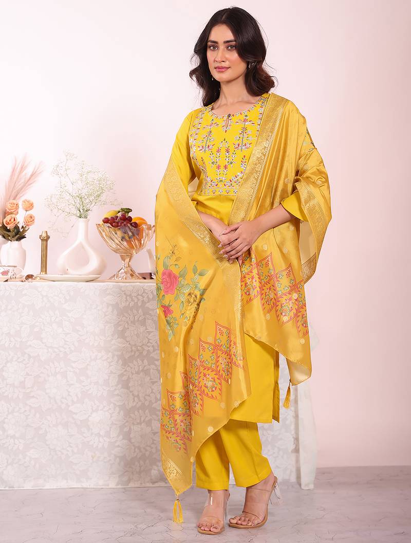 Yellow color poly silk fabric smart ethnic partywear kurta set