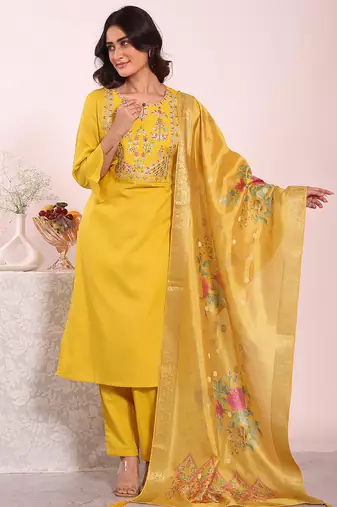 Yellow color poly silk smart partywear kurta set