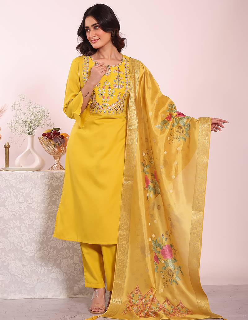 Yellow color poly silk fabric smart ethnic partywear kurta set
