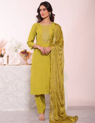 Green color poly silk smart partywear kurta set 1