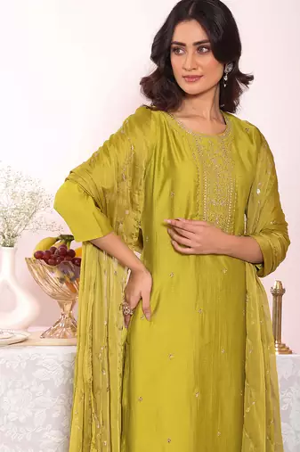 Green color poly silk smart partywear kurta set