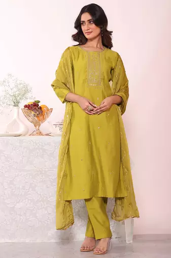 Green color poly silk smart partywear kurta set