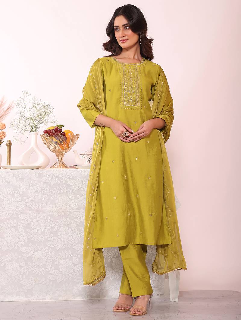 Green color poly silk fabric smart ethnic partywear kurta set