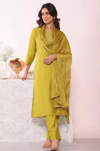 Green color poly silk smart partywear kurta set