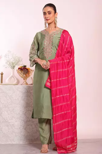 Grey color poly silk fabric smart ethnic partywear kurta set