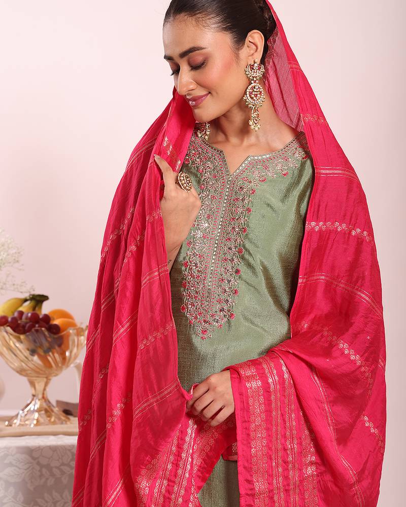 Grey color poly silk fabric smart ethnic partywear kurta set