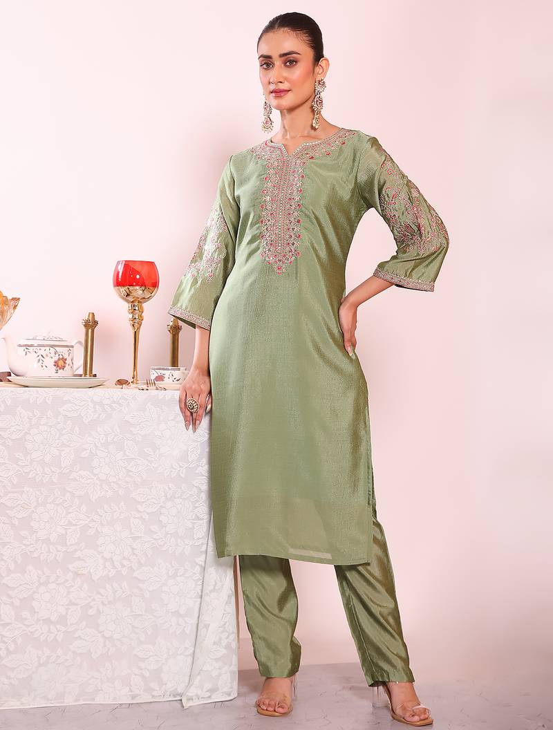 Grey color poly silk fabric smart ethnic partywear kurta set