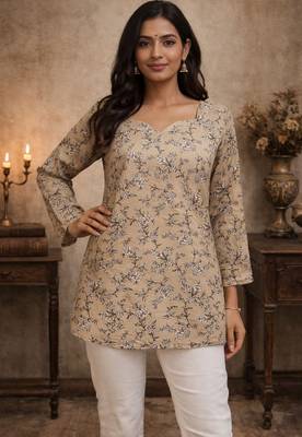 Beige color digital printed formal rich looks kurta for girls 1