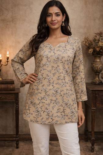 Beige color designer digital printed formal rich looks kurta for girls