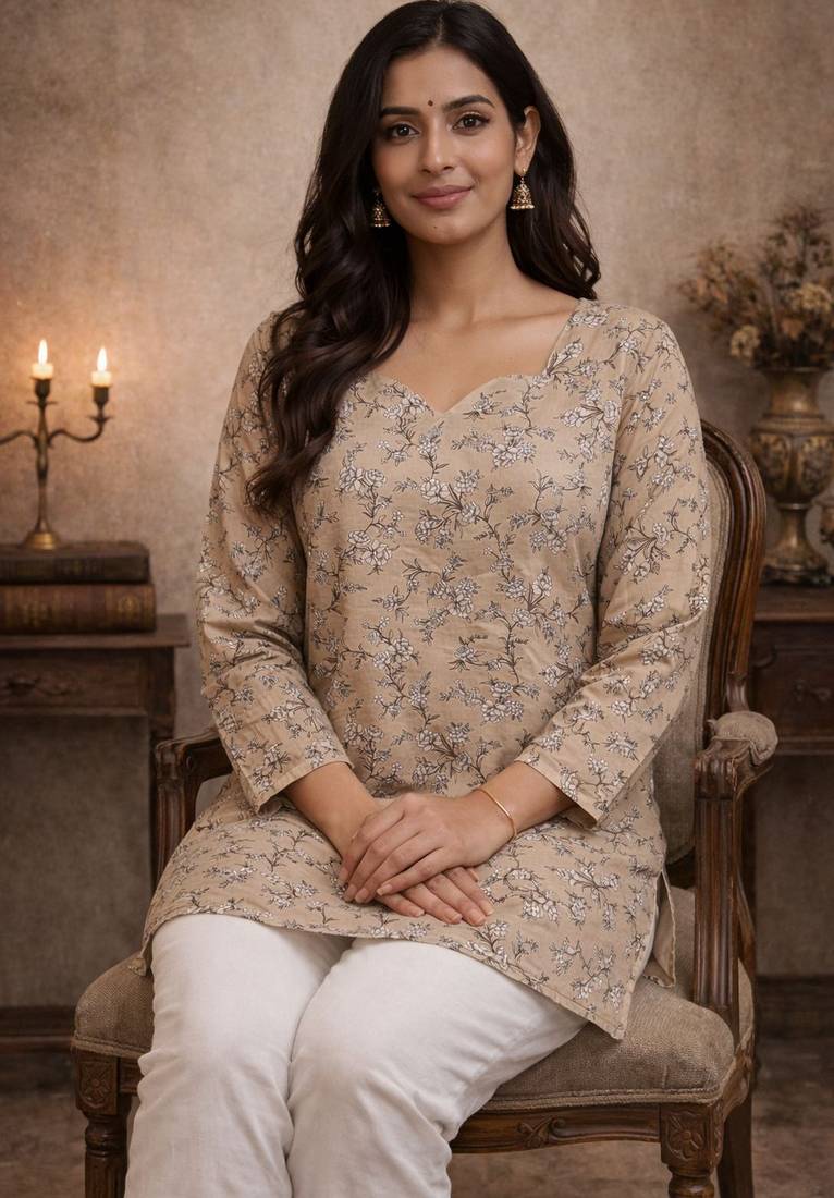 Beige color designer digital printed formal rich looks kurta for girls