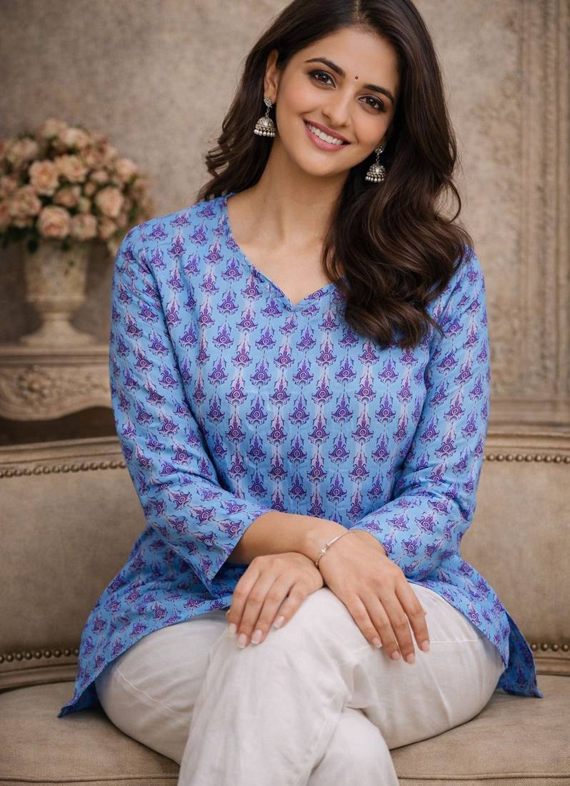 Blue color designer digital printed formal rich looks kurta for girls