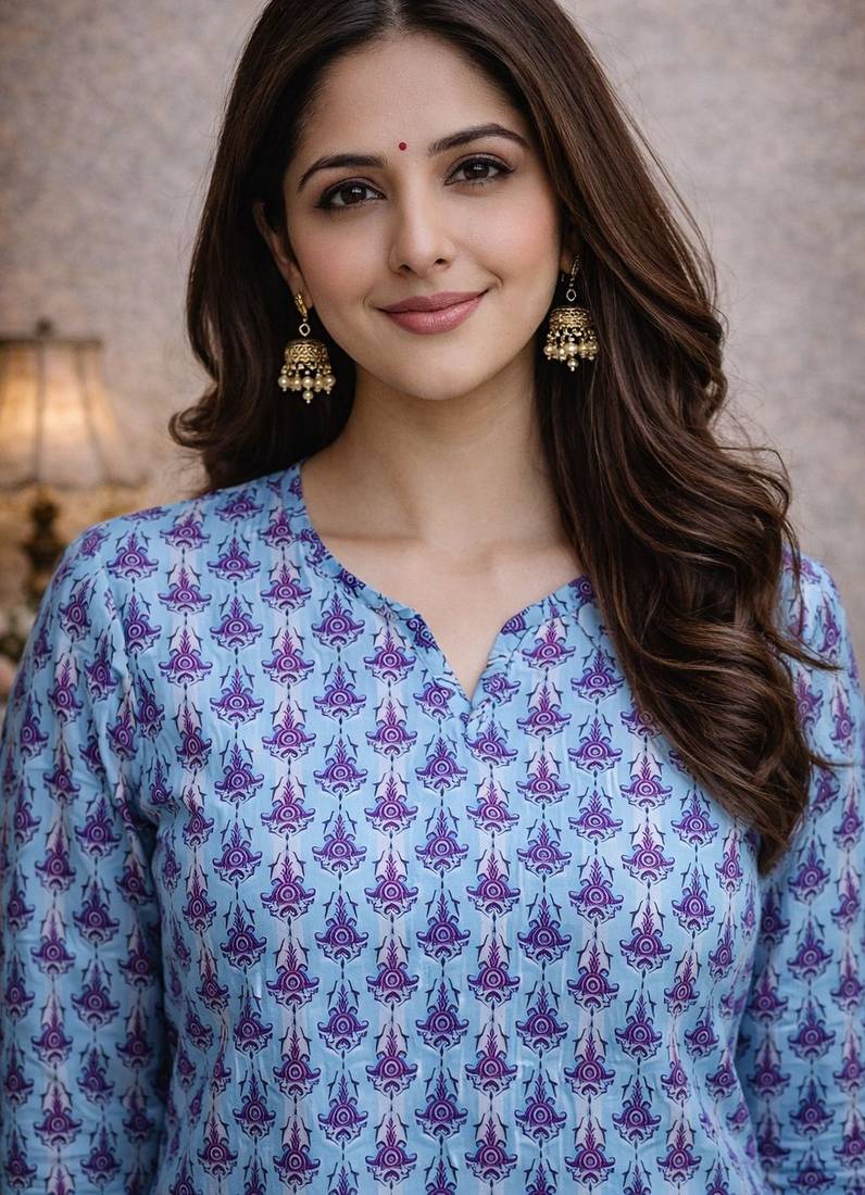 Blue color designer digital printed formal rich looks kurta for girls