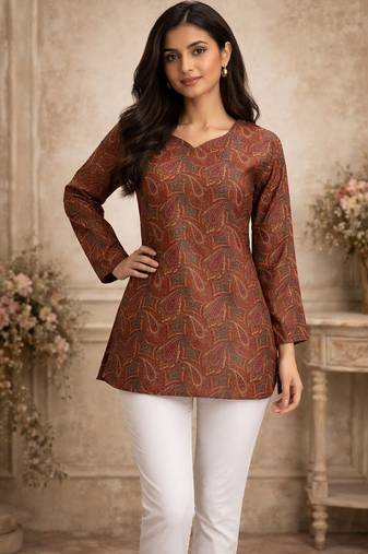 Brown color designer digital printed formal rich looks kurta for girls