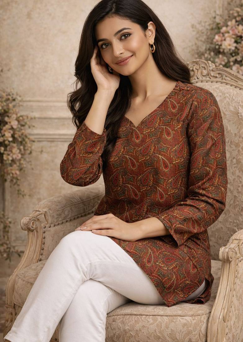 Brown color designer digital printed formal rich looks kurta for girls