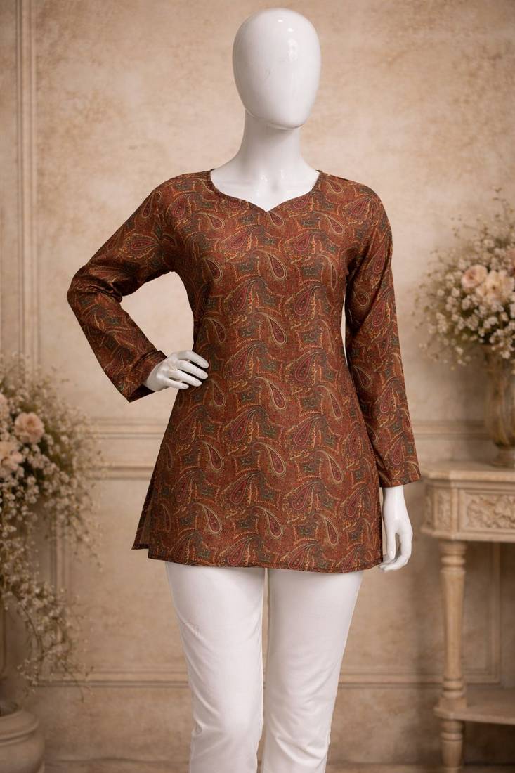 Brown color designer digital printed formal rich looks kurta for girls