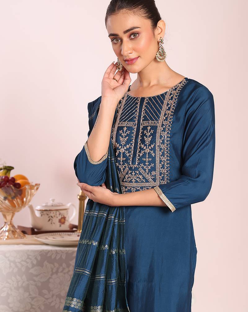 Teal color beautful poly silk fabric stylish partywear attire for girls