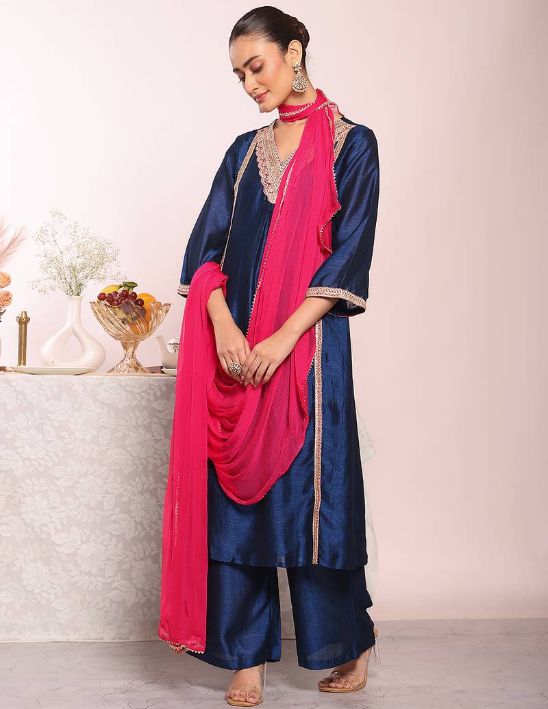 Blue color beautful poly silk fabric stylish partywear attire for girls